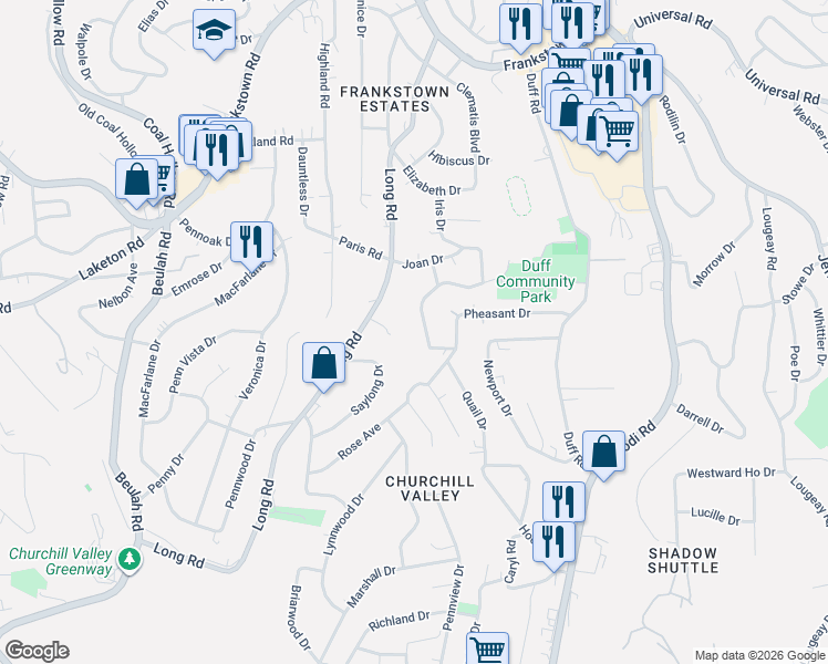 map of restaurants, bars, coffee shops, grocery stores, and more near 12124 Joan Drive in Pittsburgh
