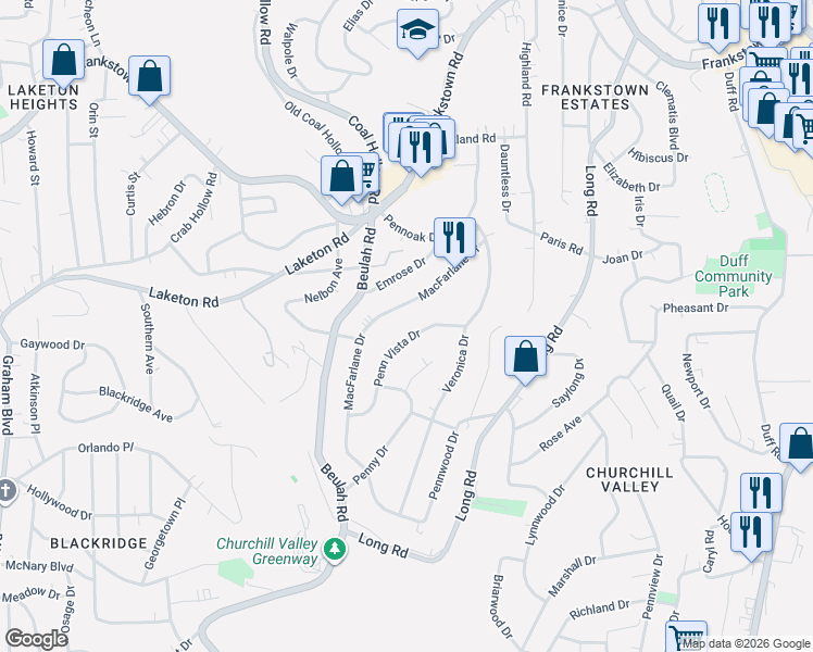 map of restaurants, bars, coffee shops, grocery stores, and more near 314 Penn Vista Drive in Pittsburgh