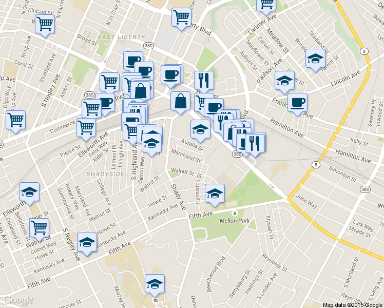 map of restaurants, bars, coffee shops, grocery stores, and more near 6350 Marchand Street in Pittsburgh