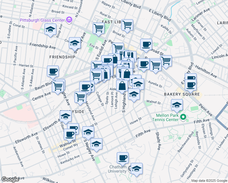 map of restaurants, bars, coffee shops, grocery stores, and more near 319 Lehigh Avenue in Pittsburgh