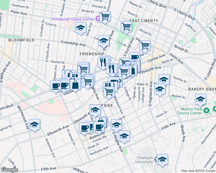 map of restaurants, bars, coffee shops, grocery stores, and more near 5740 Pierce Street in Pittsburgh
