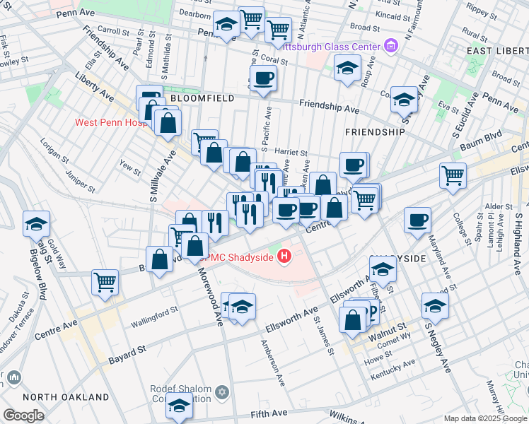 map of restaurants, bars, coffee shops, grocery stores, and more near 5221 Baum Boulevard in Pittsburgh