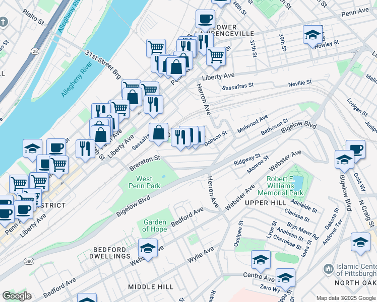 map of restaurants, bars, coffee shops, grocery stores, and more near 3058 Brereton Street in Pittsburgh