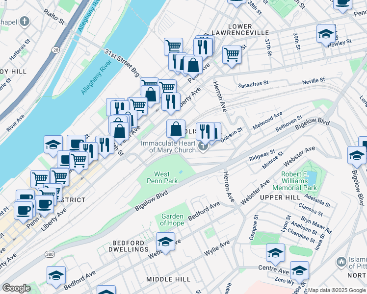 map of restaurants, bars, coffee shops, grocery stores, and more near 3011 Brereton Street in Pittsburgh