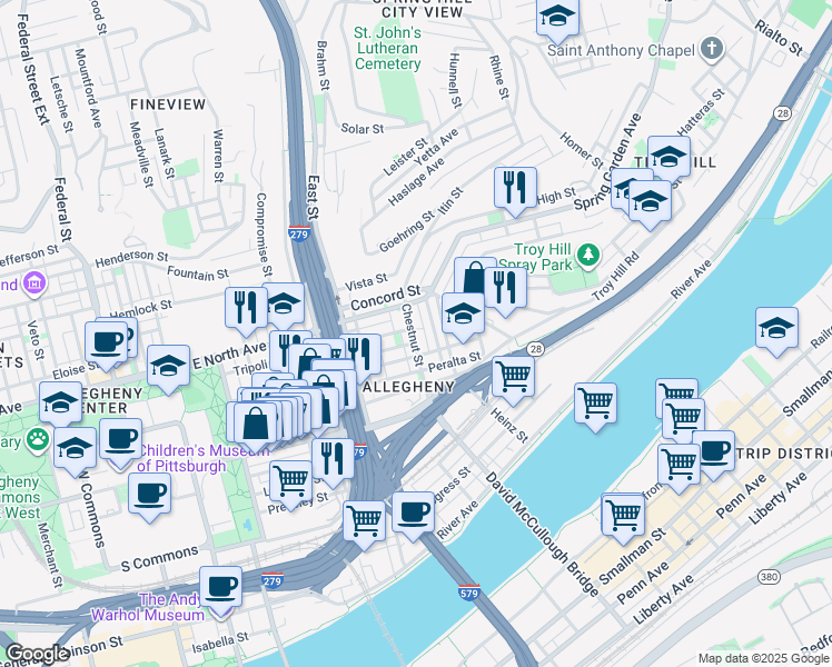 map of restaurants, bars, coffee shops, grocery stores, and more near 908 Chestnut Street in Pittsburgh