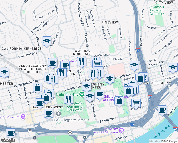 map of restaurants, bars, coffee shops, grocery stores, and more near 1231 Butterfield Way in Pittsburgh