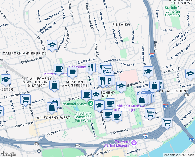 map of restaurants, bars, coffee shops, grocery stores, and more near 1231 Butterfield Way in Pittsburgh