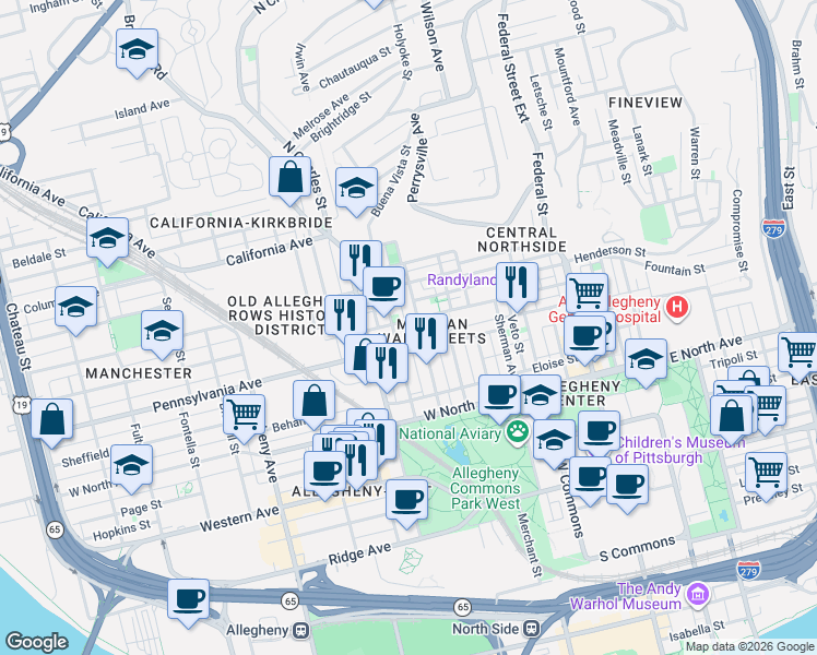 map of restaurants, bars, coffee shops, grocery stores, and more near 1403 Buena Vista Street in Pittsburgh