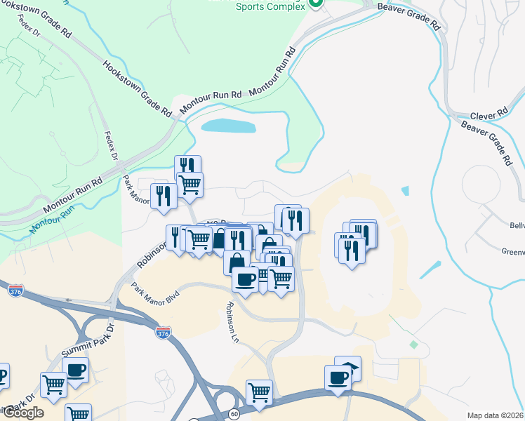 map of restaurants, bars, coffee shops, grocery stores, and more near 1369-1627 Robinson Town Centre Boulevard in McKees Rocks