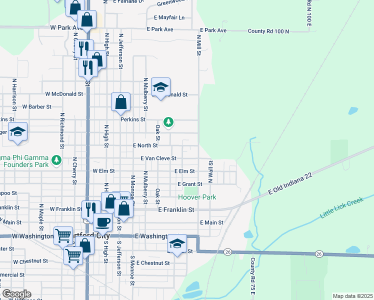 map of restaurants, bars, coffee shops, grocery stores, and more near 601 East Van Cleve Street in Hartford City