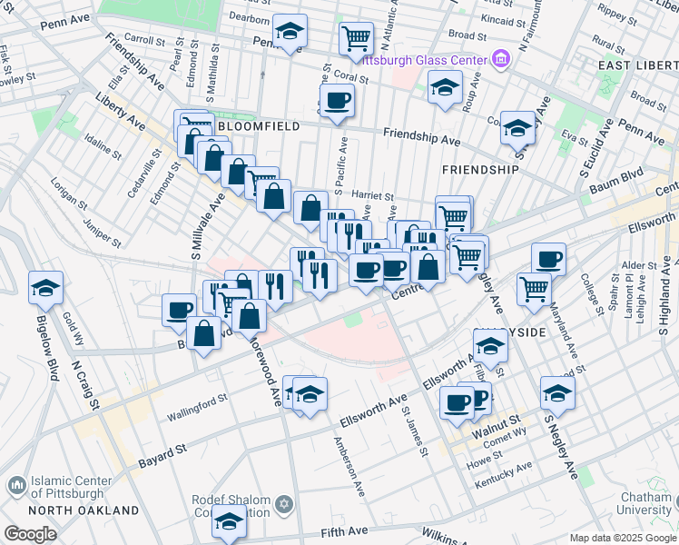 map of restaurants, bars, coffee shops, grocery stores, and more near 5221 Baum Boulevard in Pittsburgh