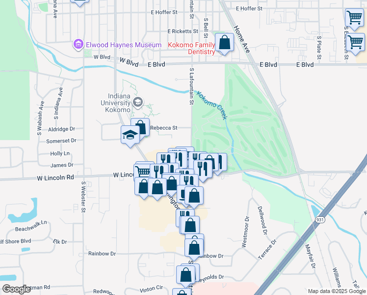 map of restaurants, bars, coffee shops, grocery stores, and more near 2725 S Lafountain St in Kokomo