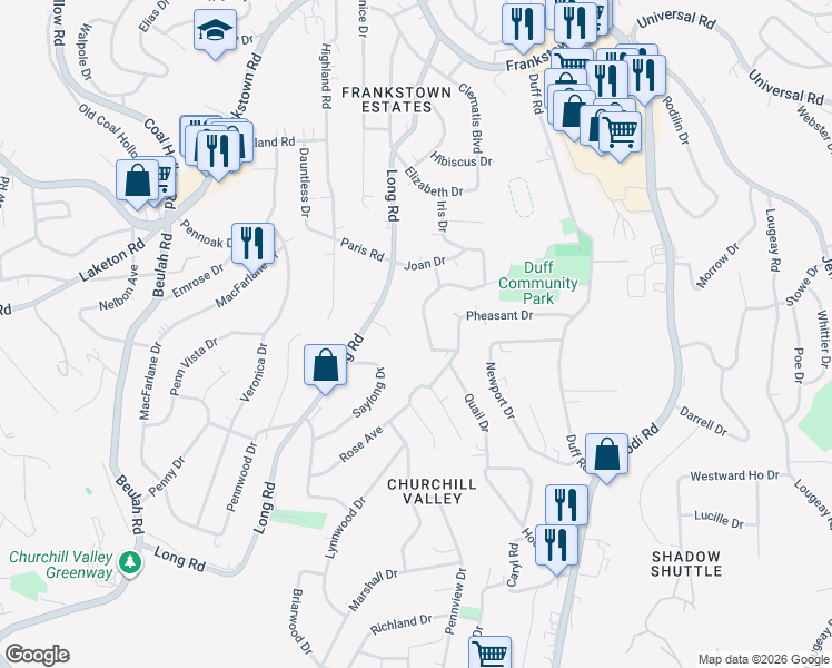 map of restaurants, bars, coffee shops, grocery stores, and more near 12124 Joan Drive in Pittsburgh