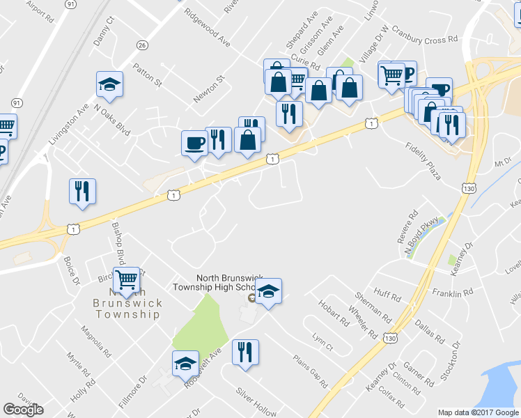 map of restaurants, bars, coffee shops, grocery stores, and more near 269 Constitution Circle in North Brunswick Township