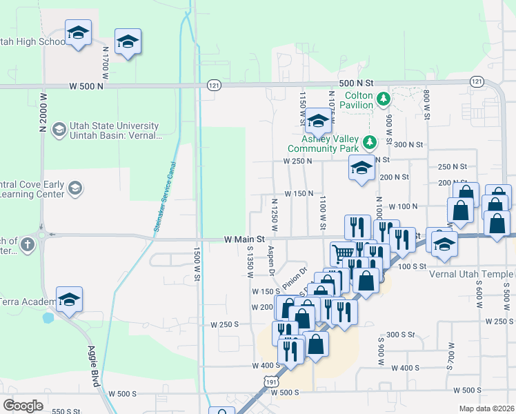map of restaurants, bars, coffee shops, grocery stores, and more near 1350 West 150 North in Vernal