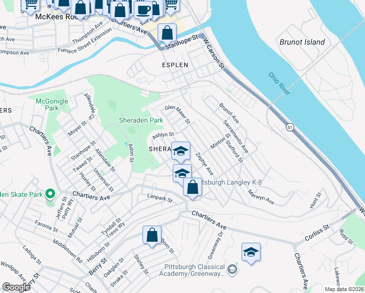 map of restaurants, bars, coffee shops, grocery stores, and more near 3051 Bergman Street in Pittsburgh
