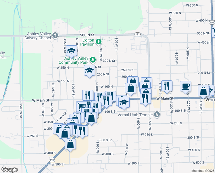 map of restaurants, bars, coffee shops, grocery stores, and more near 909 West 100 North in Vernal