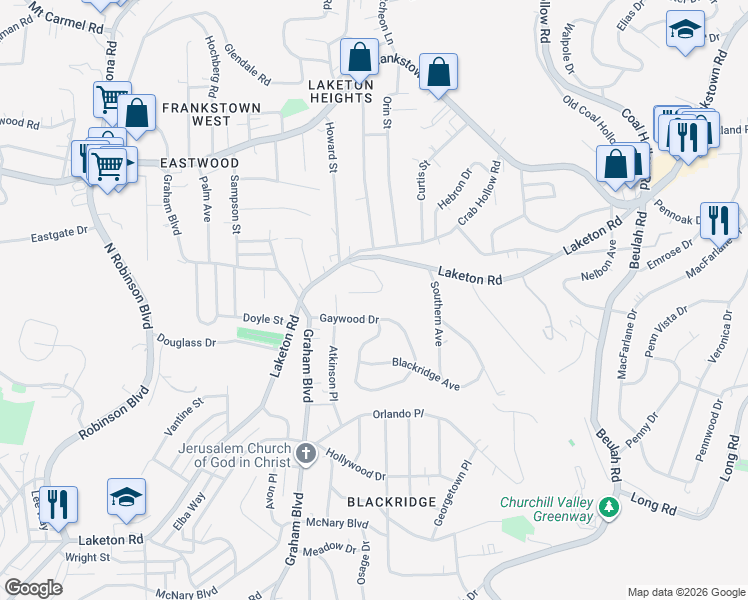 map of restaurants, bars, coffee shops, grocery stores, and more near 2621 Gaywood Drive in Pittsburgh