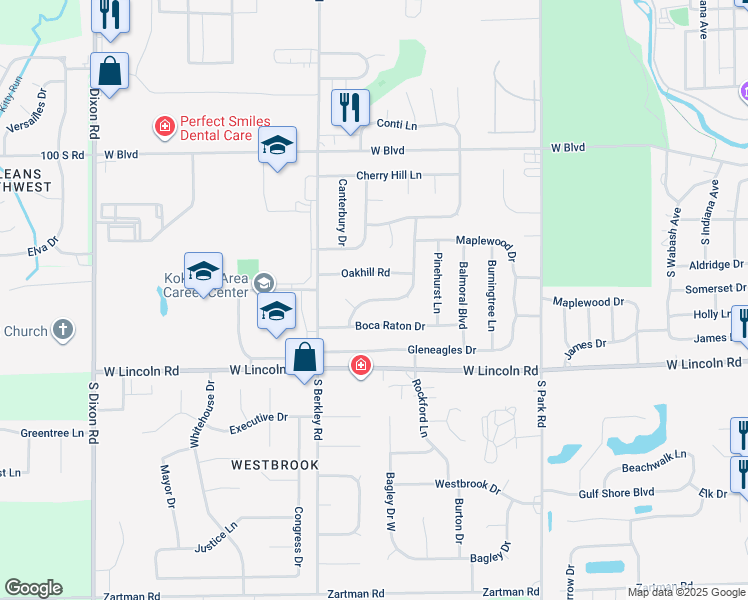map of restaurants, bars, coffee shops, grocery stores, and more near 2413 Tam O Shanter Road in Kokomo