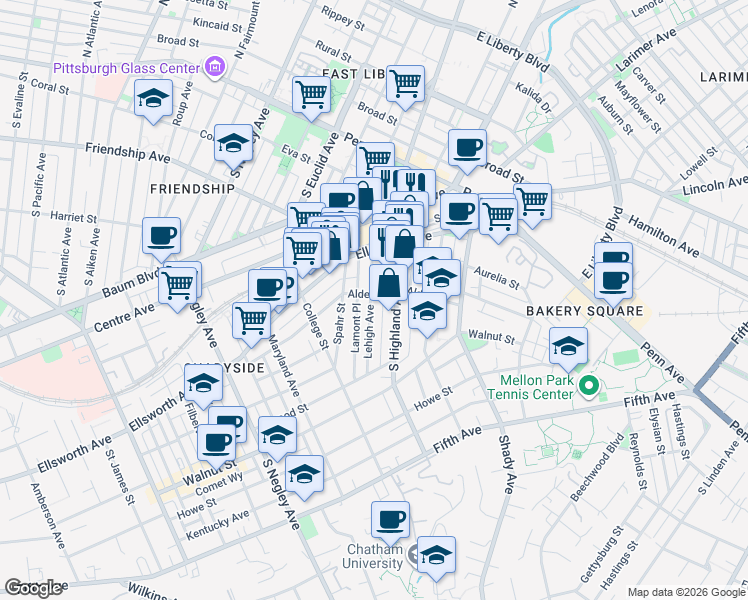 map of restaurants, bars, coffee shops, grocery stores, and more near 319 Lehigh Avenue in Pittsburgh