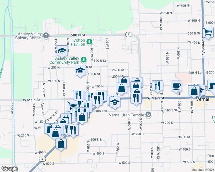 map of restaurants, bars, coffee shops, grocery stores, and more near 837 West 100 North in Vernal