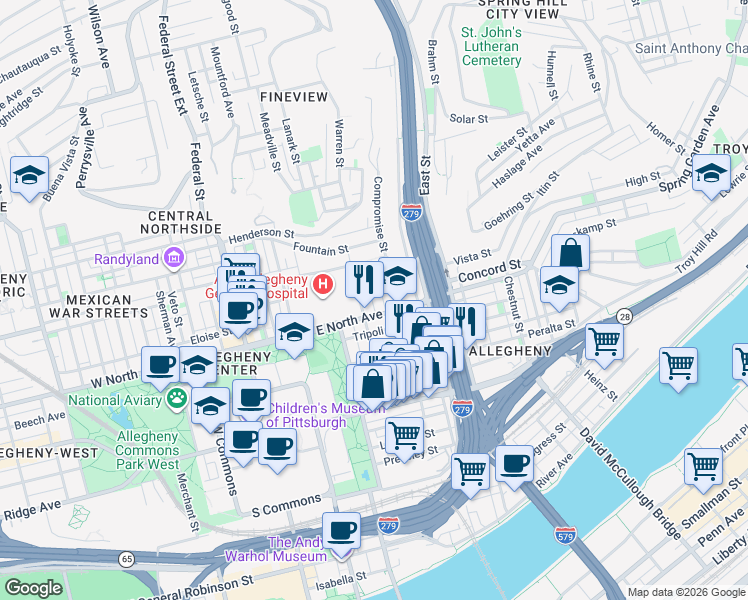 map of restaurants, bars, coffee shops, grocery stores, and more near 516 East North Avenue in Pittsburgh