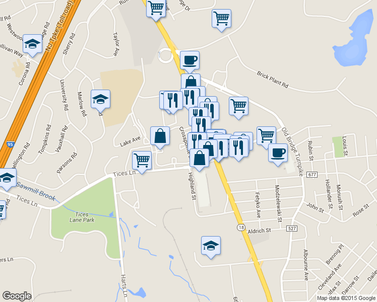 map of restaurants, bars, coffee shops, grocery stores, and more near 1 Crosspointe Drive in East Brunswick