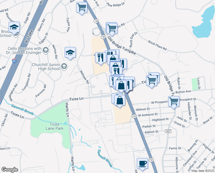 map of restaurants, bars, coffee shops, grocery stores, and more near 342 Crosspointe Drive in East Brunswick