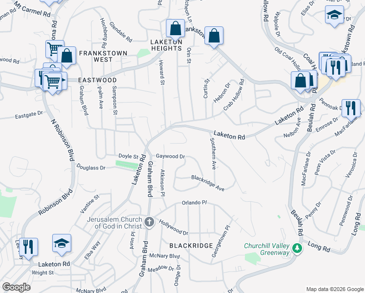 map of restaurants, bars, coffee shops, grocery stores, and more near 2621 Gaywood Drive in Pittsburgh