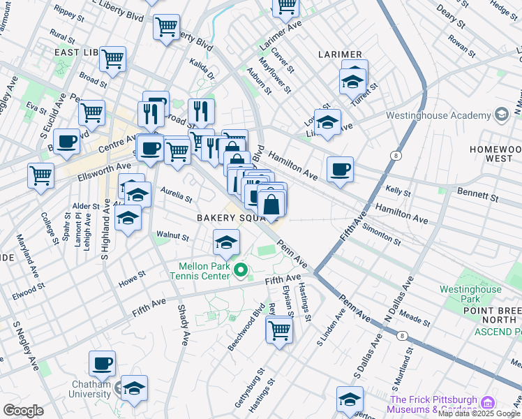 map of restaurants, bars, coffee shops, grocery stores, and more near 6425 Penn Avenue in Pittsburgh