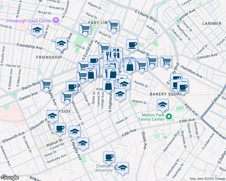 map of restaurants, bars, coffee shops, grocery stores, and more near 325 South Highland Avenue in Pittsburgh