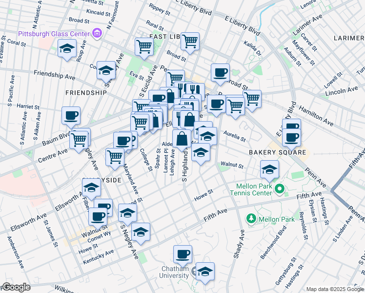 map of restaurants, bars, coffee shops, grocery stores, and more near 319 Lehigh Avenue in Pittsburgh