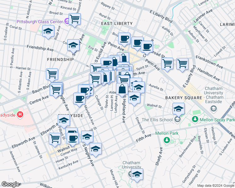 map of restaurants, bars, coffee shops, grocery stores, and more near 319 Lehigh Avenue in Pittsburgh