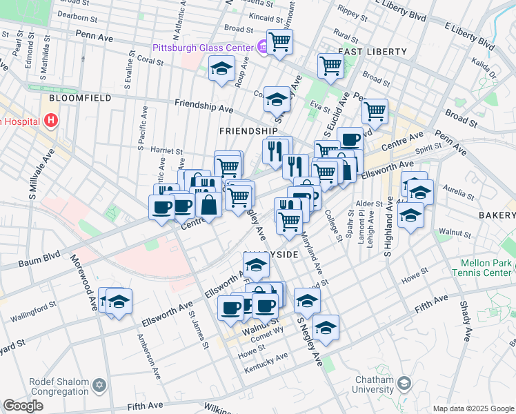 map of restaurants, bars, coffee shops, grocery stores, and more near in Pittsburgh