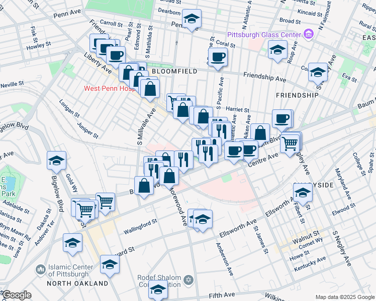 map of restaurants, bars, coffee shops, grocery stores, and more near 5137 Woodworth Street in Pittsburgh