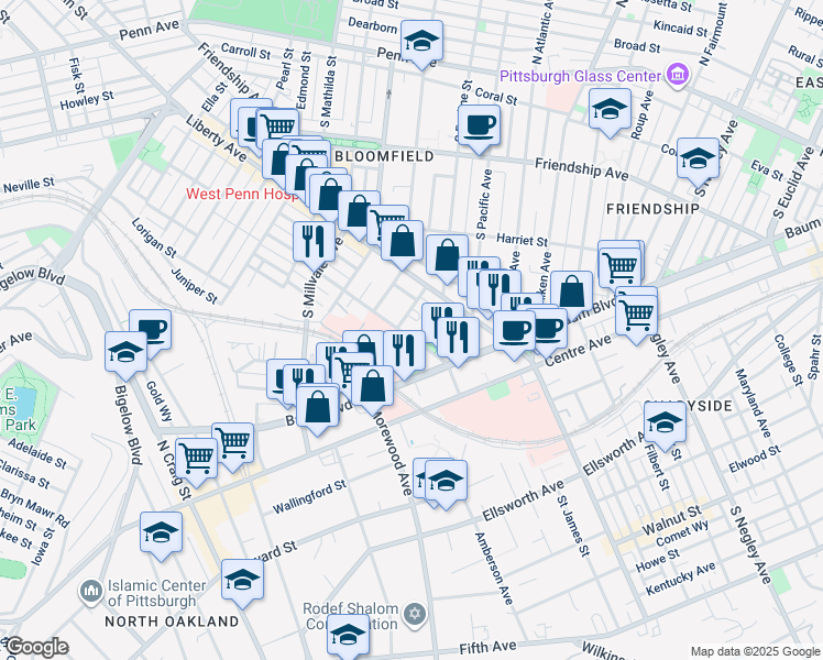 map of restaurants, bars, coffee shops, grocery stores, and more near 5137 Woodworth Street in Pittsburgh