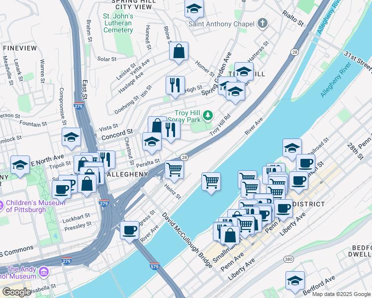 map of restaurants, bars, coffee shops, grocery stores, and more near 1126 East Ohio Street in Pittsburgh