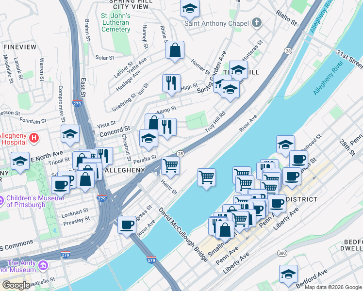 map of restaurants, bars, coffee shops, grocery stores, and more near 1126 East Ohio Street in Pittsburgh