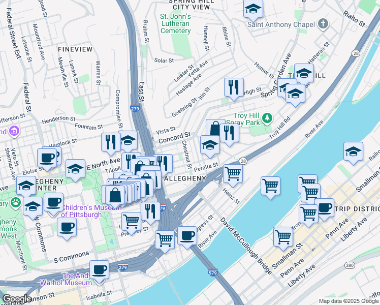 map of restaurants, bars, coffee shops, grocery stores, and more near 908 Chestnut Street in Pittsburgh