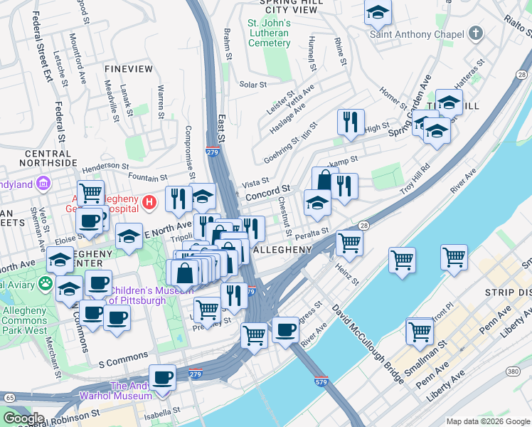 map of restaurants, bars, coffee shops, grocery stores, and more near 829 Tripoli Street in Pittsburgh