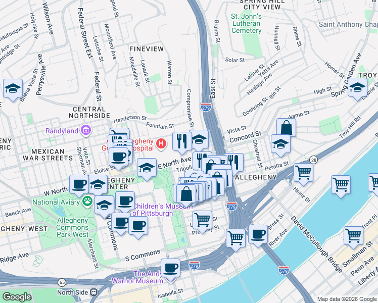 map of restaurants, bars, coffee shops, grocery stores, and more near 516 East North Avenue in Pittsburgh