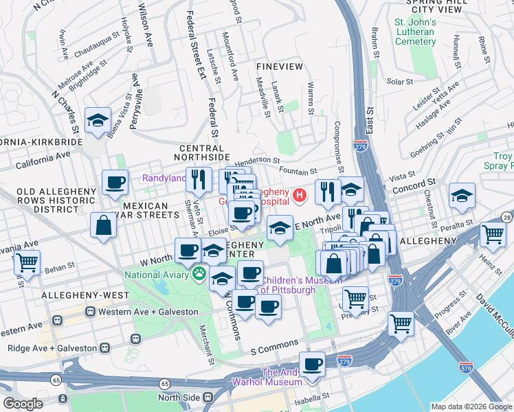 map of restaurants, bars, coffee shops, grocery stores, and more near 1214 Loraine Street in Pittsburgh