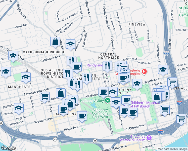 map of restaurants, bars, coffee shops, grocery stores, and more near 409 North Taylor Avenue in Pittsburgh