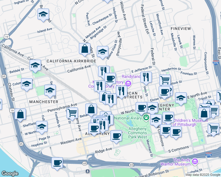 map of restaurants, bars, coffee shops, grocery stores, and more near 1403 Buena Vista Street in Pittsburgh