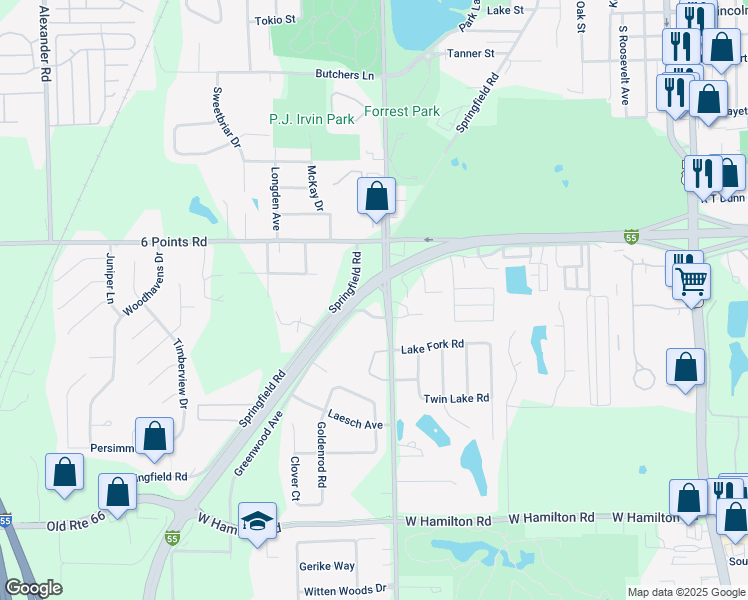 map of restaurants, bars, coffee shops, grocery stores, and more near 1901 South Morris Avenue in Bloomington