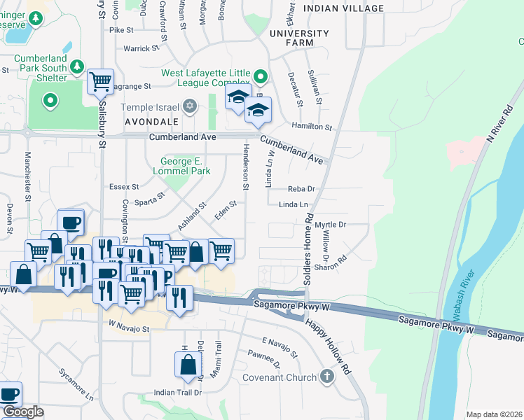 map of restaurants, bars, coffee shops, grocery stores, and more near 248 Westview Circle in West Lafayette