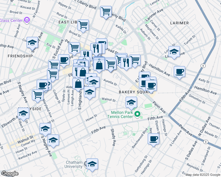 map of restaurants, bars, coffee shops, grocery stores, and more near 6322 Marchand Street in Pittsburgh