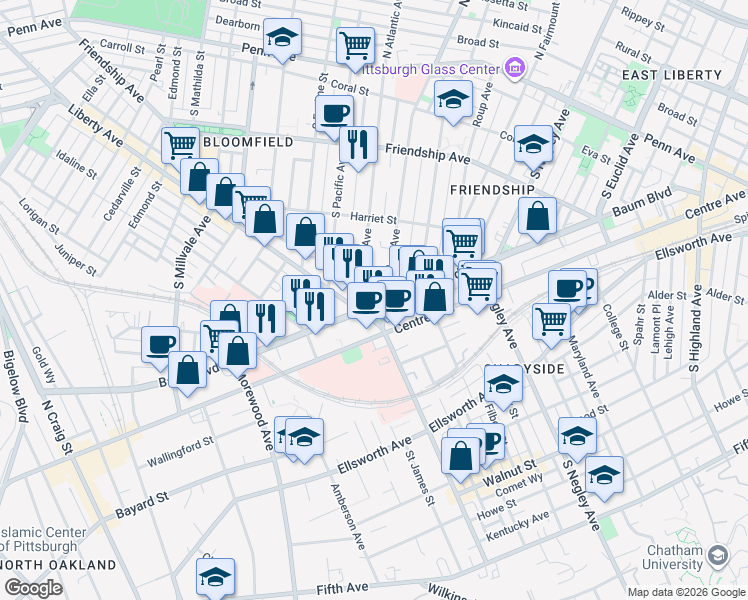 map of restaurants, bars, coffee shops, grocery stores, and more near 5247 Liberty Avenue in Pittsburgh