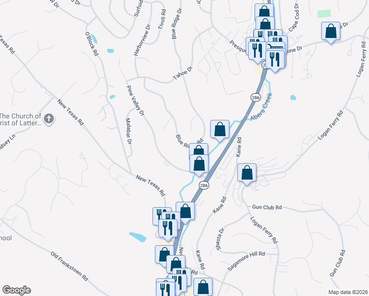 map of restaurants, bars, coffee shops, grocery stores, and more near 836 Blue Ridge Road in Pittsburgh