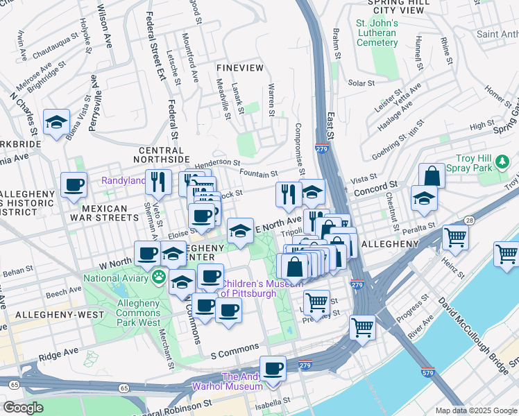 map of restaurants, bars, coffee shops, grocery stores, and more near 320 East North Avenue in Pittsburgh